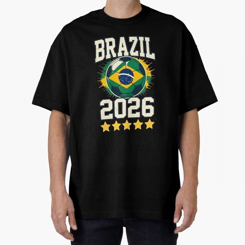 Brazil Soccer Football 2026 Oversized T-Shirt Feel the Trophy Chase of FIFA World Cup 2026 Spirit, Featuring England, France and Netherlands, Cristiano Ronaldo, Haaland and CR7, Sports Nostalgia, International Competition, Famous Players and