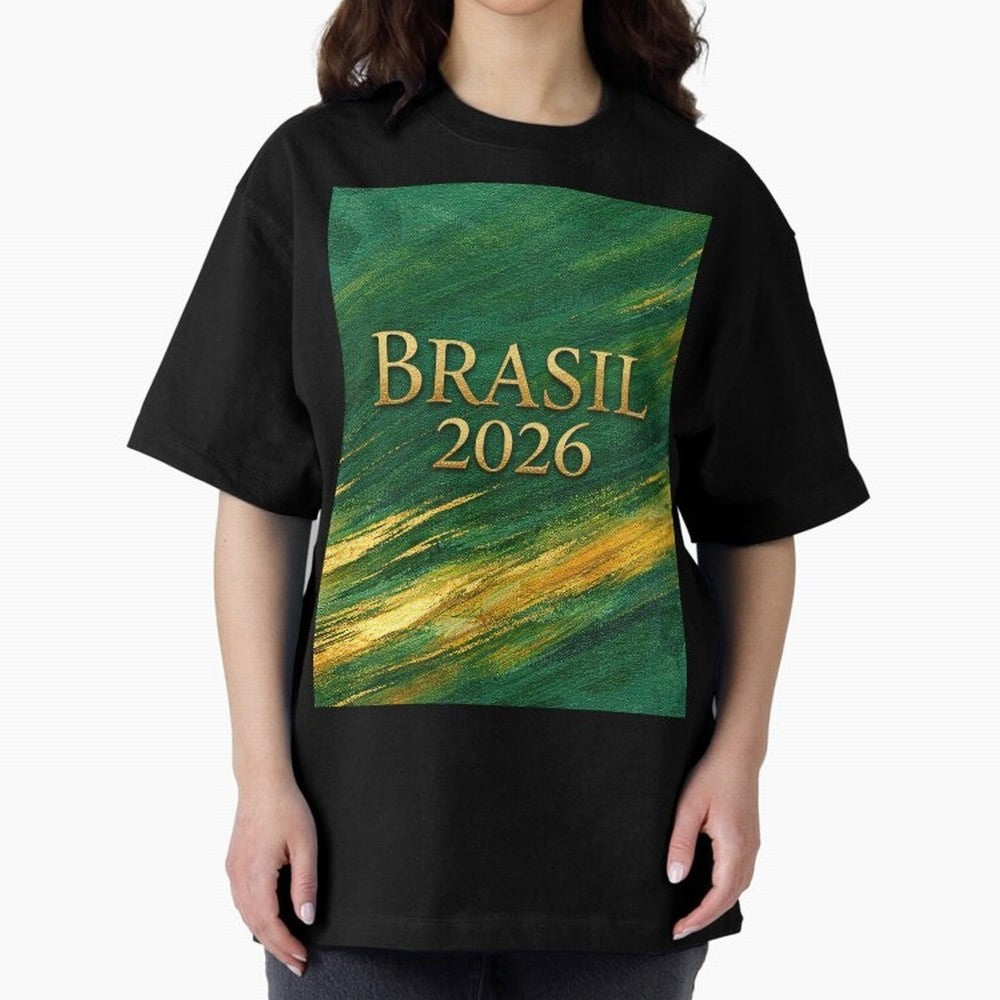 Brasil 2026 Gold Soccer Theme Oversized T-Shirt Represent the Passion of FIFA World Cup 2026 USA Canada Mexico for Fans of Cristiano Ronaldo, Haaland and CR7 and Netherlands, Bringing Soccer Culture, Superstar Moments, National Team Dreams and