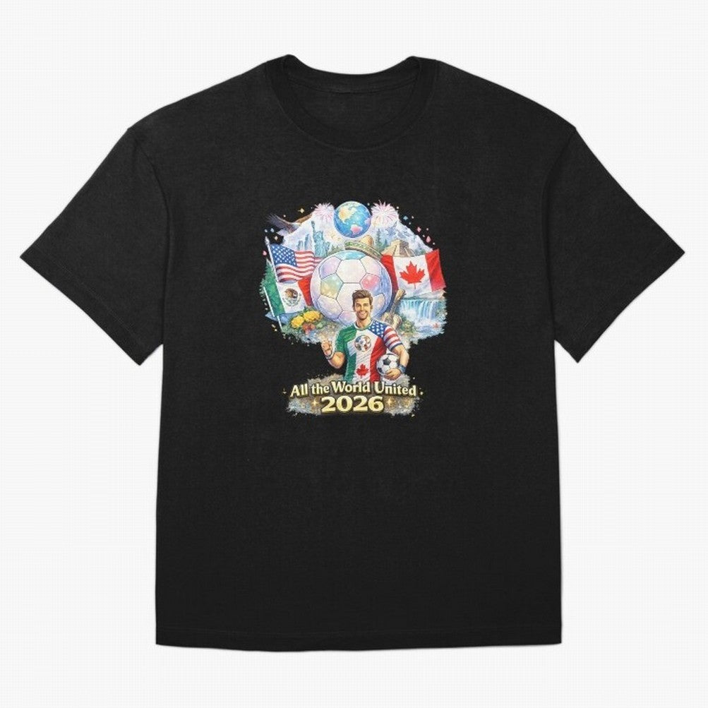 All The World United 2026 Football Design Oversized T-Shirt Join the Countdown to Match Day Hype around FIFA World Cup 2026, CR7, Spain, Supporter Pride, Iconic Celebrations, Legendary Names and Global Match Day Energy; Perfect for Fans,