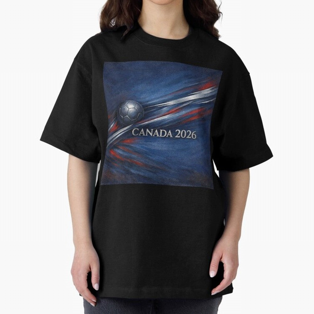 Canada 2026 Soccer Theme with silver lines Oversized T-Shirt Show Up for the Glory of FIFA World Cup 2026 USA Canada Mexico Spirit, with Brazil, Portugal and Argentina, Haaland and Mbappe, Vintage Soccer Flavor, Modern Football Stars, National