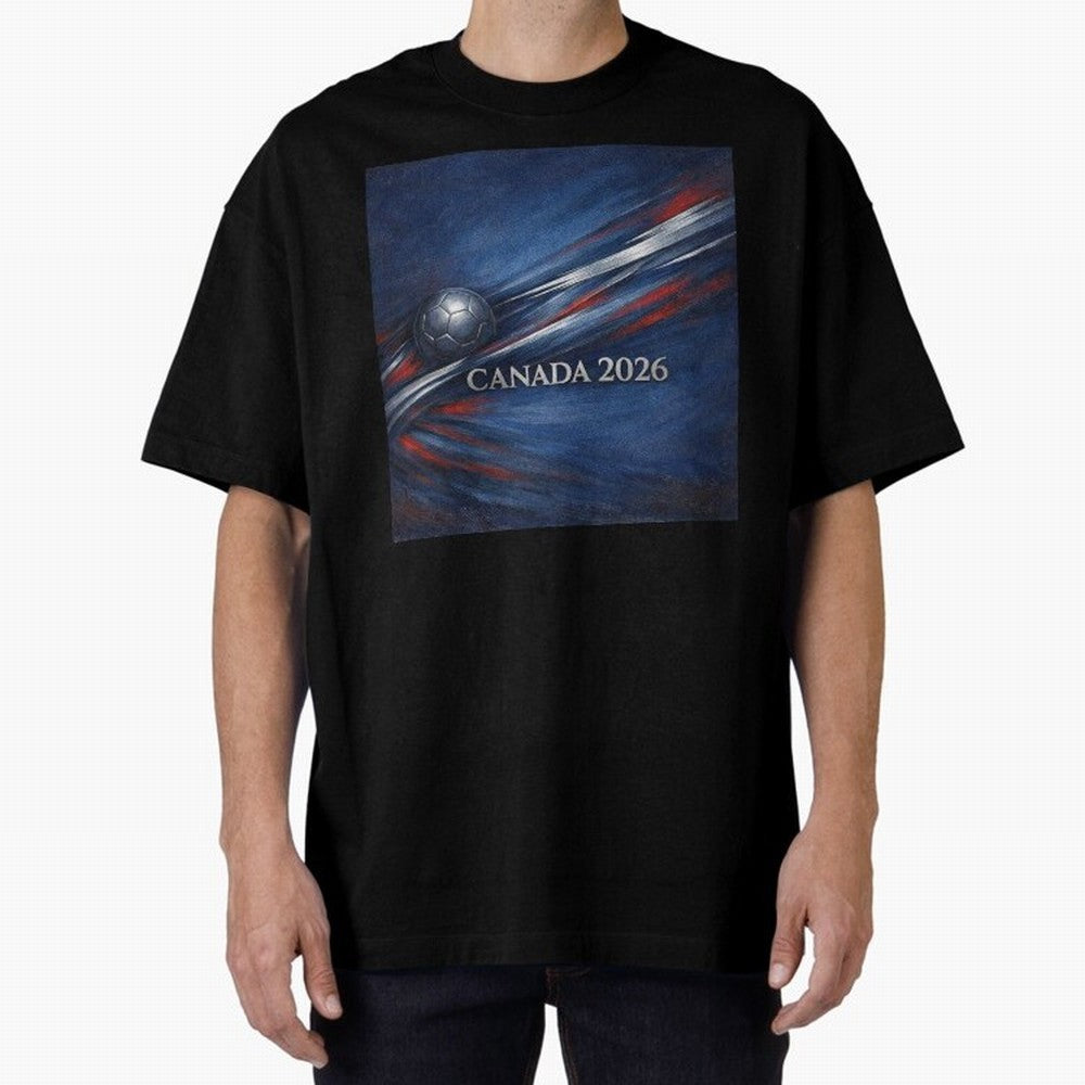 Canada 2026 Soccer Theme with silver lines Oversized T-Shirt Show Up for the Glory of FIFA World Cup 2026 USA Canada Mexico Spirit, with Brazil, Portugal and Argentina, Haaland and Mbappe, Vintage Soccer Flavor, Modern Football Stars, National