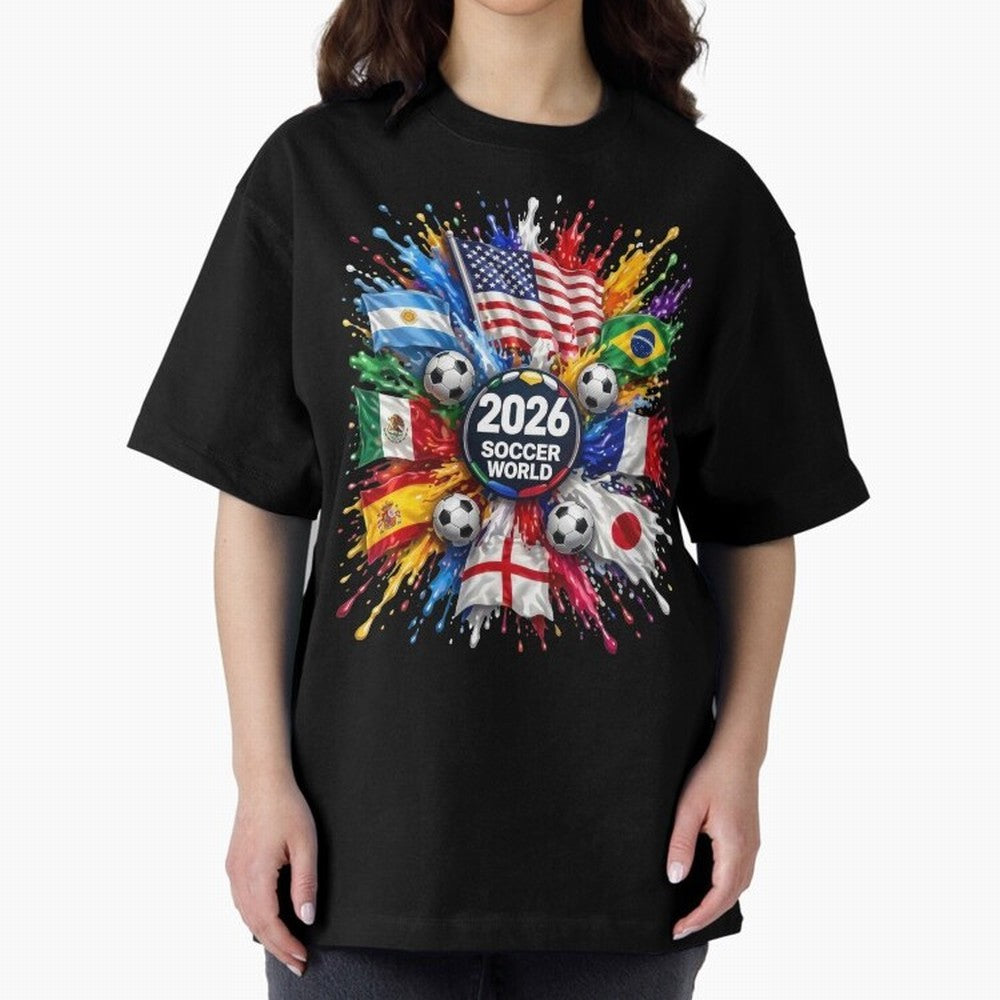 2026 Soccer World Flags USA Mexico Canada Football Paint Splash Graphic Oversized T-Shirt Keep the Legacy of the FIFA World Cup 2026 USA Canada Mexico Journey through Mbappe Highlights, Argentina and Brazil Pride, Champion Mindset, Group Stage