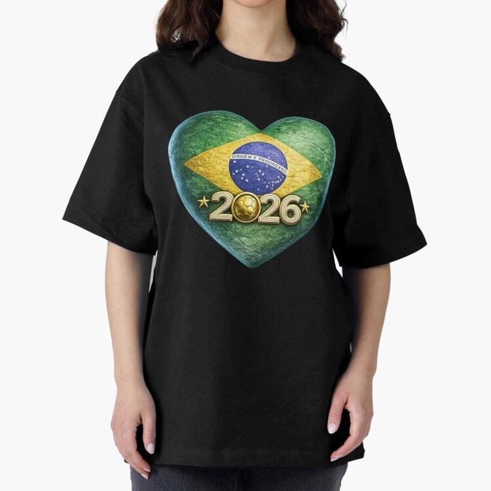 Brazil 2026 World Football Heart Flag Designs Oversized T-Shirt Capture Stadium Memories from Match Day Hype around FIFA World Cup 2026, Haaland, France, Worldwide Fan Energy, Dramatic Goals, Stadium Lights and Championship Celebrations; Made for