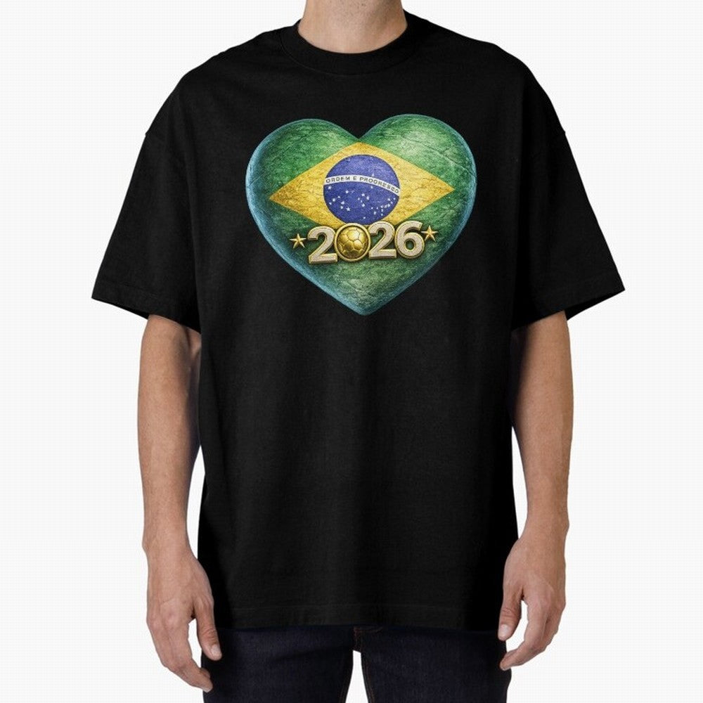 Brazil 2026 World Football Heart Flag Designs Oversized T-Shirt Capture Stadium Memories from Match Day Hype around FIFA World Cup 2026, Haaland, France, Worldwide Fan Energy, Dramatic Goals, Stadium Lights and Championship Celebrations; Made for