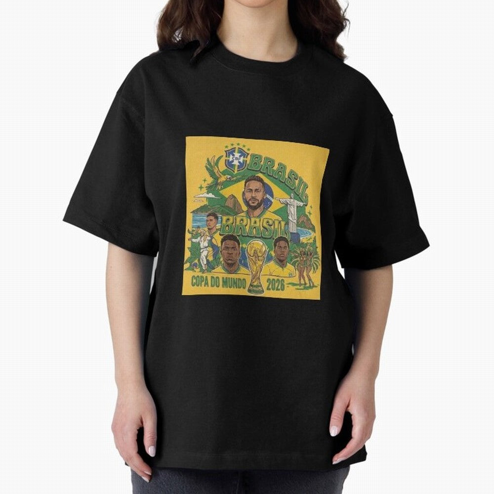 Brazil Football 2026 ¨C Retro World Cup Fan Art Oversized T-Shirt Join Global Football Passion for FIFA World Cup 2026 USA Canada Mexico, Centered on CR7 and Messi, Portugal, Sports Nostalgia, International Competition, Famous Players and