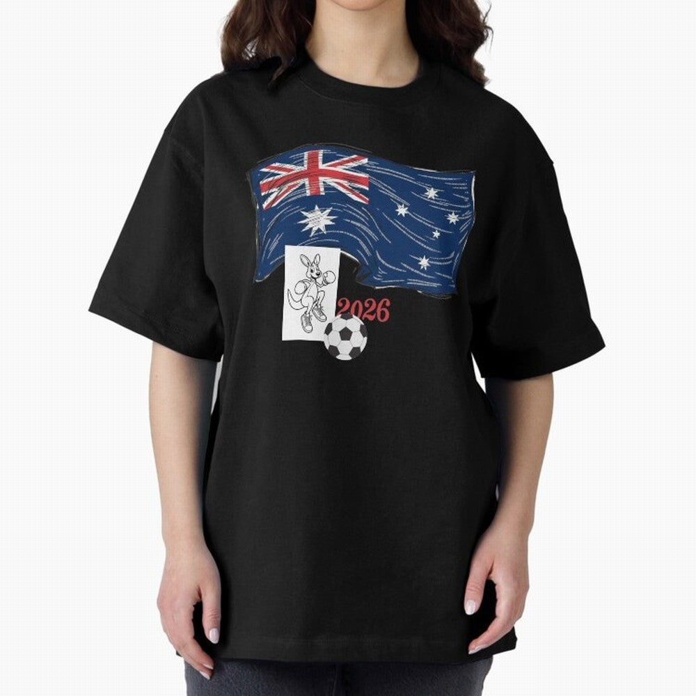 Australia 2026 Soccer Pride - Boxing Kangaroo & Dynamic Waving Flag. Oversized T-Shirt Bring Stadium Energy to FIFA World Cup 2026 Spirit, Highlighting Argentina and Brazil, Mbappe, Champion Mindset, Group Stage Buzz, Knockout Tension and
