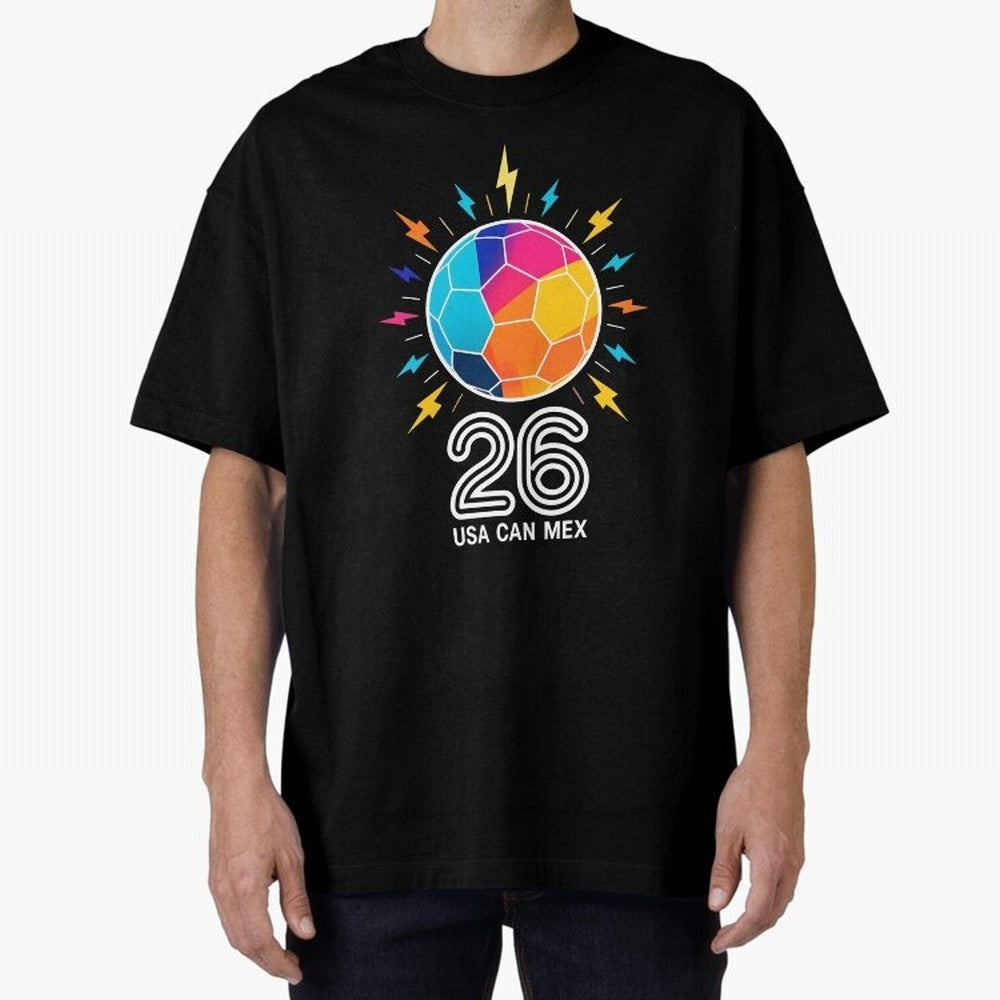 2026 Colorful Soccer Ball USA Canada Mexico 26 Oversized T-Shirt Represent the Passion of FIFA World Cup 2026 USA Canada Mexico for Fans of Mbappe and Neymar and Argentina, France and Brazil, Bringing Vintage Soccer Flavor, Modern Football Stars,