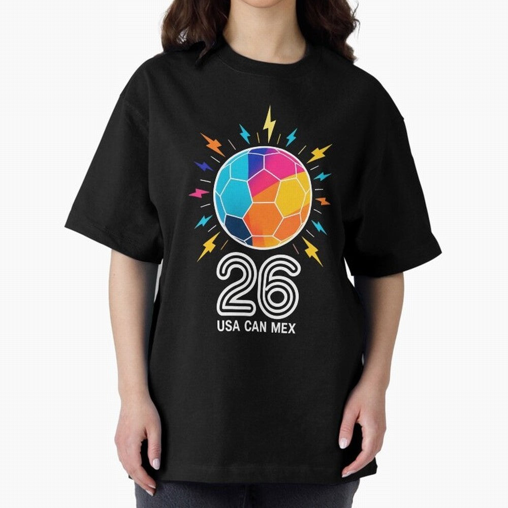 2026 Colorful Soccer Ball USA Canada Mexico 26 Oversized T-Shirt Represent the Passion of FIFA World Cup 2026 USA Canada Mexico for Fans of Mbappe and Neymar and Argentina, France and Brazil, Bringing Vintage Soccer Flavor, Modern Football Stars,