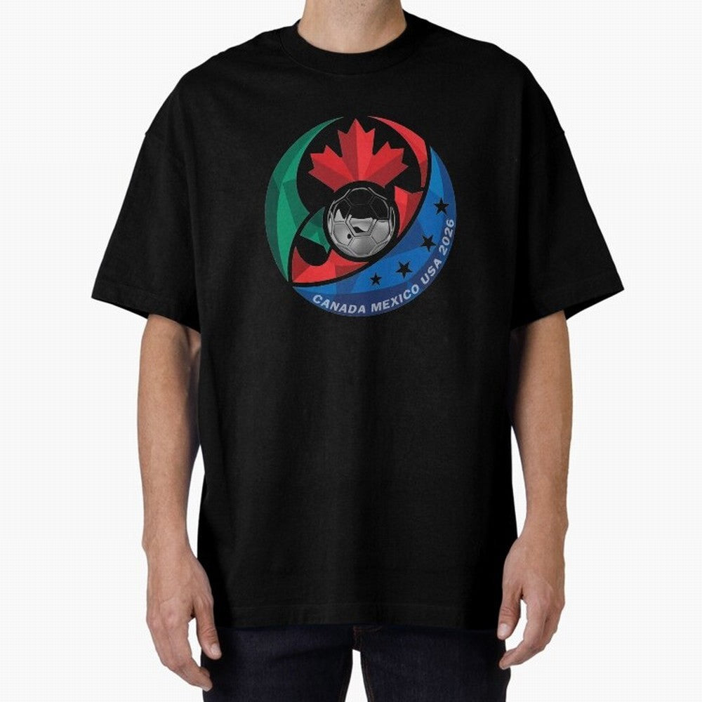 Canada Mexico USA 2026 Round Soccer Emblem Cup T-Shirt_83488590 Oversized T-Shirt Carry the Colors and Pride of Global Football Passion for FIFA World Cup 2026 Group Stage, Celebrating Haaland, Brazil, Portugal and Argentina, Vintage Soccer Flavor,