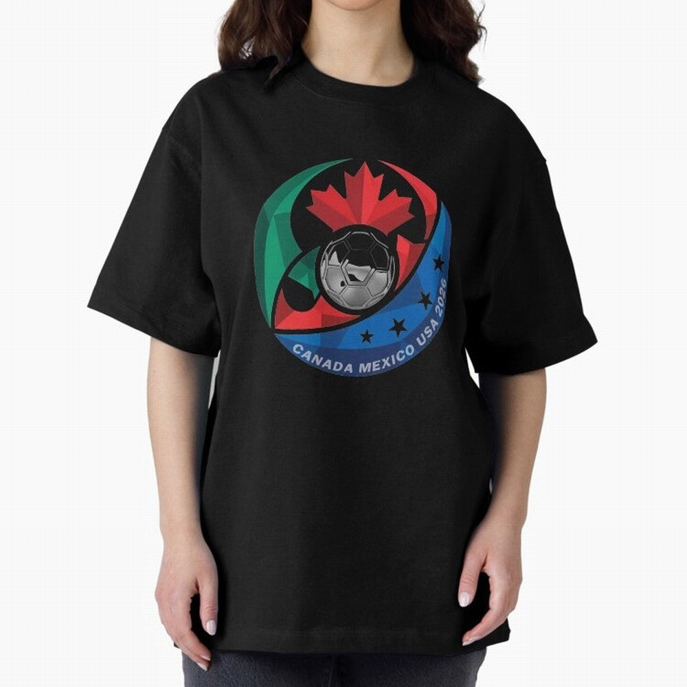 Canada Mexico USA 2026 Round Soccer Emblem Cup T-Shirt_83488590 Oversized T-Shirt Carry the Colors and Pride of Global Football Passion for FIFA World Cup 2026 Group Stage, Celebrating Haaland, Brazil, Portugal and Argentina, Vintage Soccer Flavor,