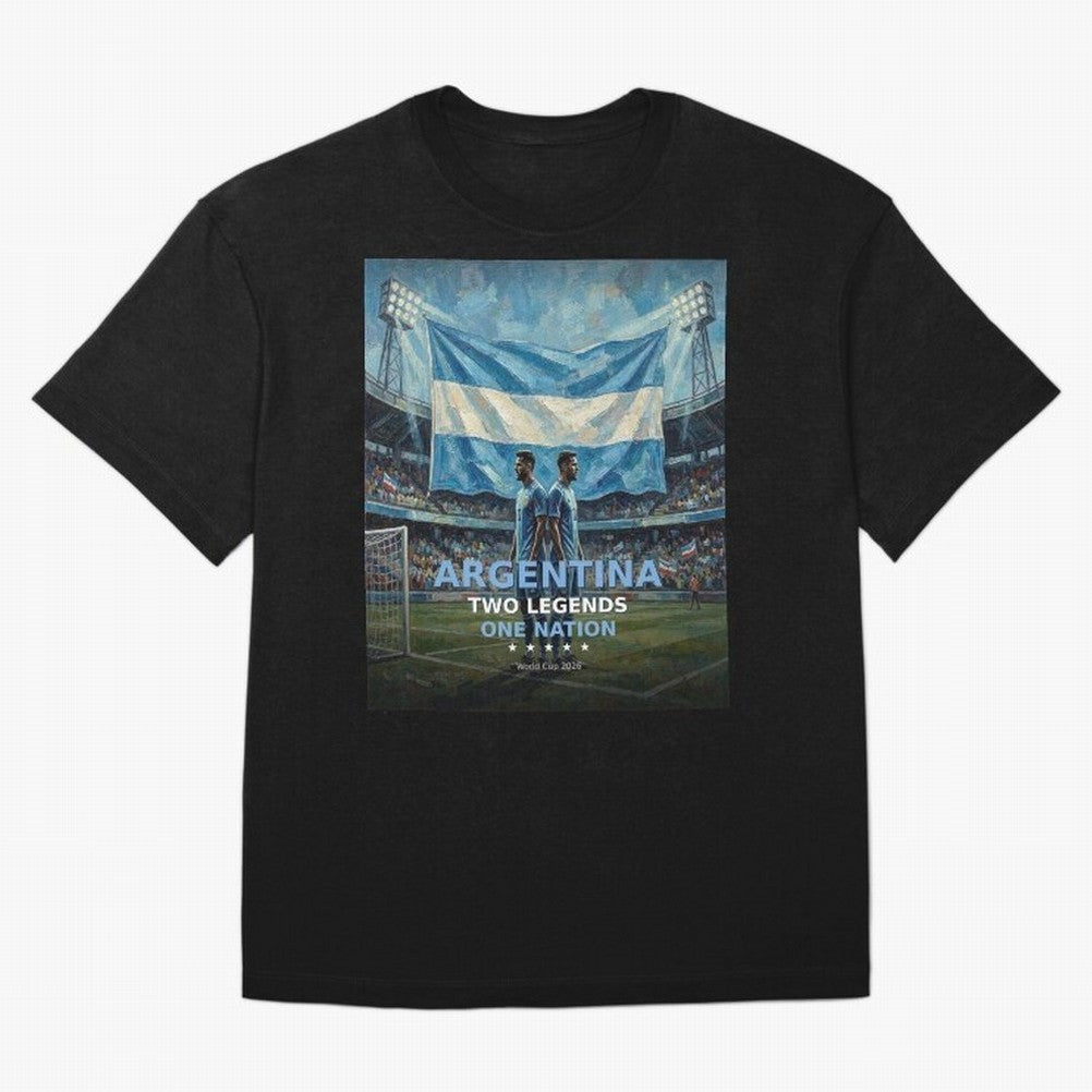 Argentina Two Legends One Nation - World Cup 2026 Soccer Fan Tee Oversized T-Shirt Represent Fans Who Live for Match Day Hype around FIFA World Cup 2026, Messi, Neymar and Mbappe, Spain, Soccer Culture, Superstar Moments, National Team Dreams and