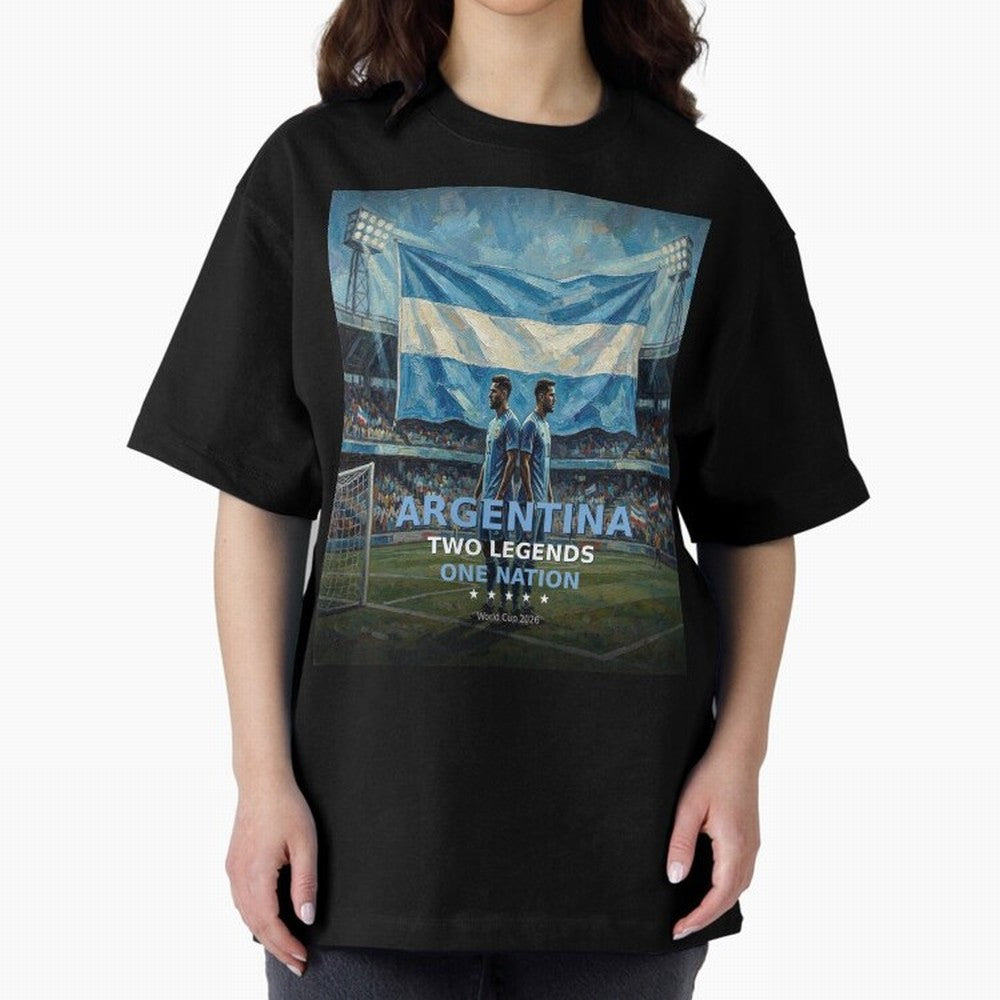 Argentina Two Legends One Nation - World Cup 2026 Soccer Fan Tee Oversized T-Shirt Represent Fans Who Live for Match Day Hype around FIFA World Cup 2026, Messi, Neymar and Mbappe, Spain, Soccer Culture, Superstar Moments, National Team Dreams and