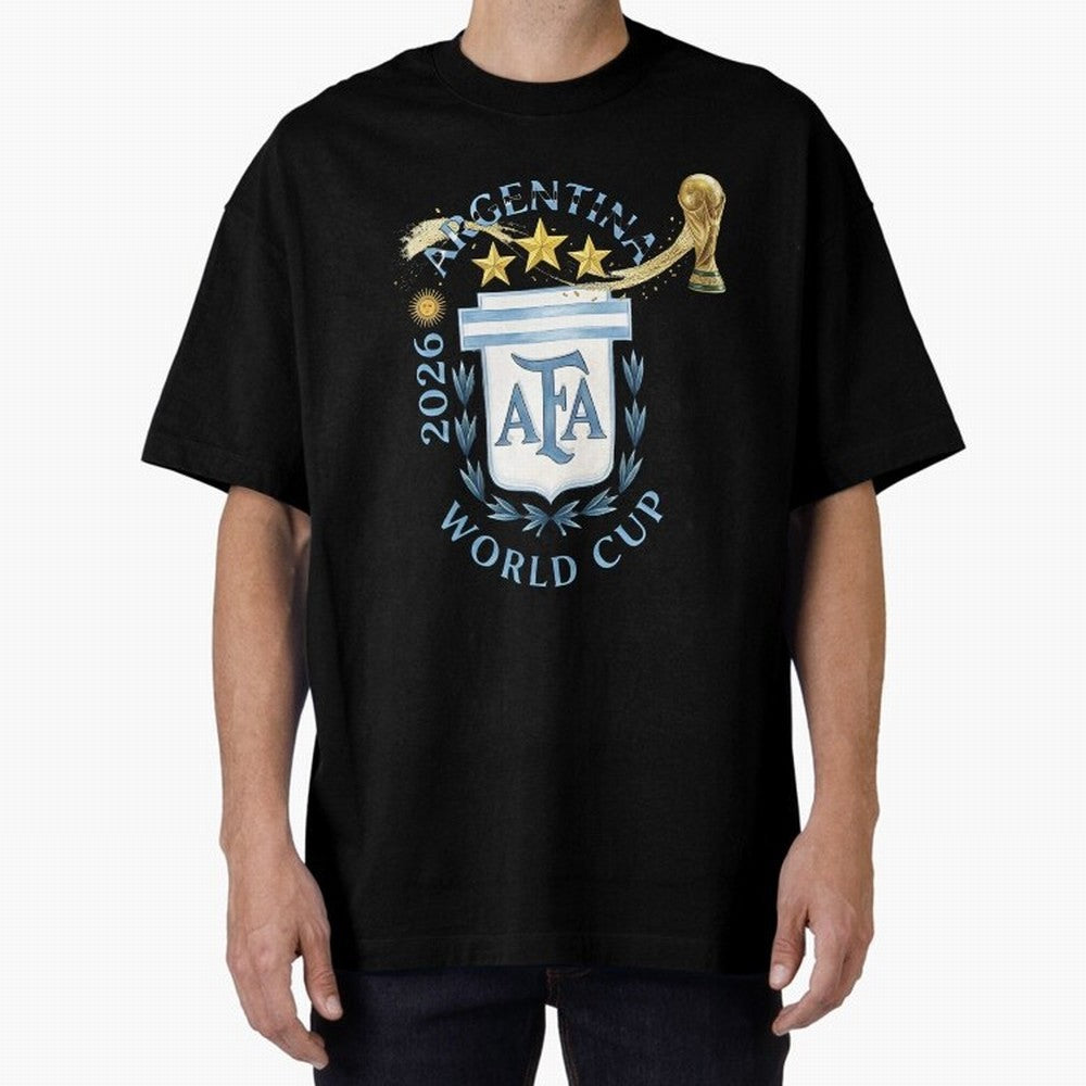 Argentina Football Champion World Cup 2026 - Gold Stars Watercolor Oversized T-Shirt Bring Home FIFA World Cup 2026 Spirit, Filled with Argentina, Messi, CR7 and Mbappe, Retro Football Energy, Iconic Rivalries, Trophy Chase Drama and Stadium