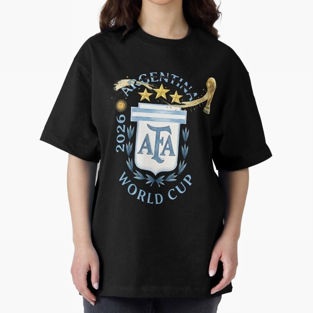 Argentina Football Champion World Cup 2026 - Gold Stars Watercolor Oversized T-Shirt Bring Home FIFA World Cup 2026 Spirit, Filled with Argentina, Messi, CR7 and Mbappe, Retro Football Energy, Iconic Rivalries, Trophy Chase Drama and Stadium