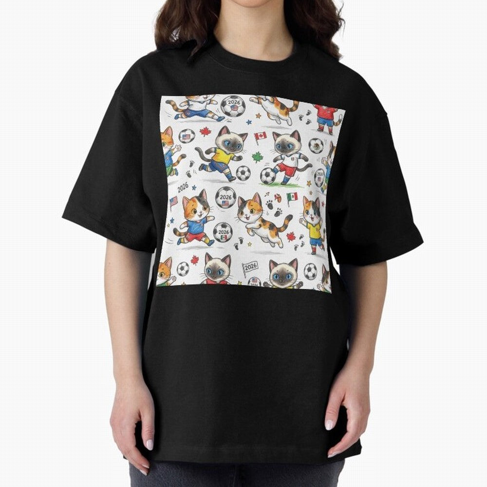 Chibi Soccer Cats 2026 - Cute Football Kittens Pattern Oversized T-Shirt Carry the Dream of FIFA World Cup 2026 Spirit, Built around England, Haaland, Tournament Hype, Historic Matchups, Family Viewing Parties and Global Sports Pride; Created for
