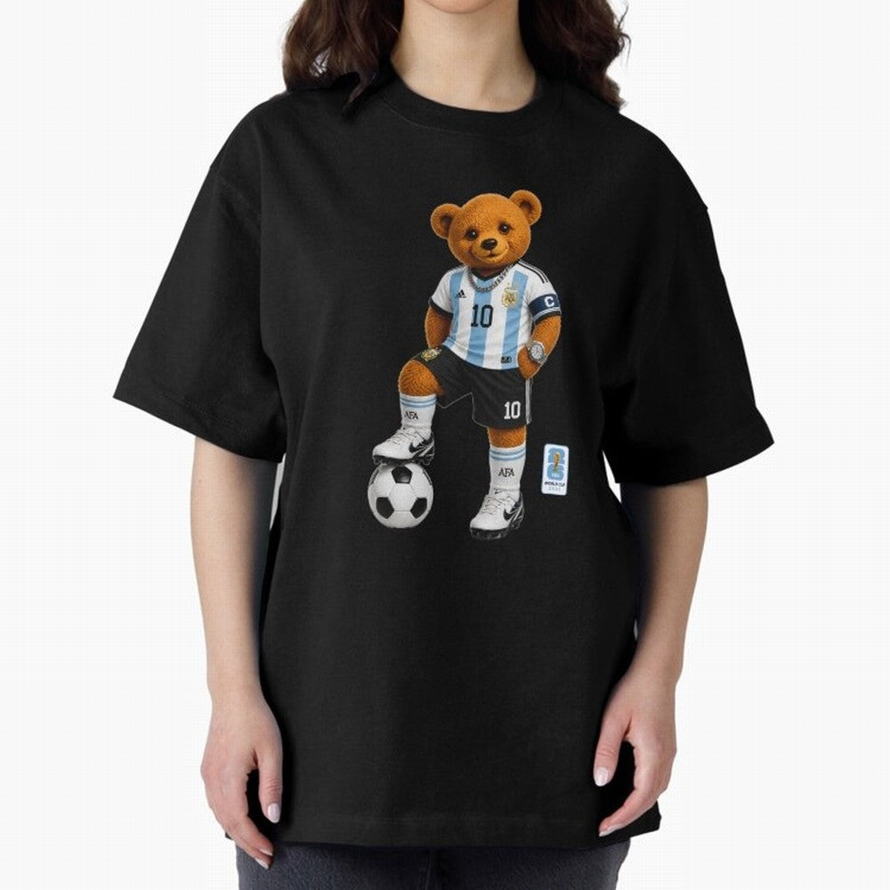 Argentina Soccer Bear World Cup Teddy Bear Oversized T-Shirt Bring Trophy Dreams to Global Football Passion for FIFA World Cup 2026, with CR7 and Messi, England, Retro Football Energy, Iconic Rivalries, Trophy Chase Drama and Stadium Atmosphere;