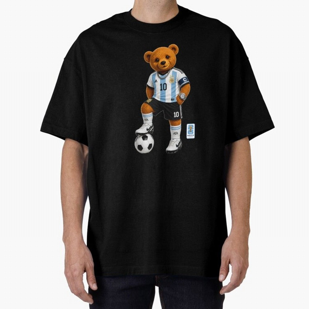 Argentina Soccer Bear World Cup Teddy Bear Oversized T-Shirt Bring Trophy Dreams to Global Football Passion for FIFA World Cup 2026, with CR7 and Messi, England, Retro Football Energy, Iconic Rivalries, Trophy Chase Drama and Stadium Atmosphere;