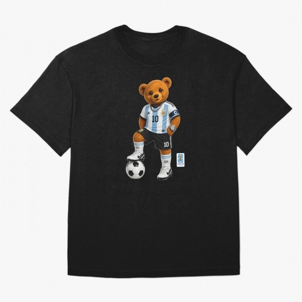 Argentina Soccer Bear World Cup Teddy Bear Oversized T-Shirt Bring Trophy Dreams to Global Football Passion for FIFA World Cup 2026, with CR7 and Messi, England, Retro Football Energy, Iconic Rivalries, Trophy Chase Drama and Stadium Atmosphere;