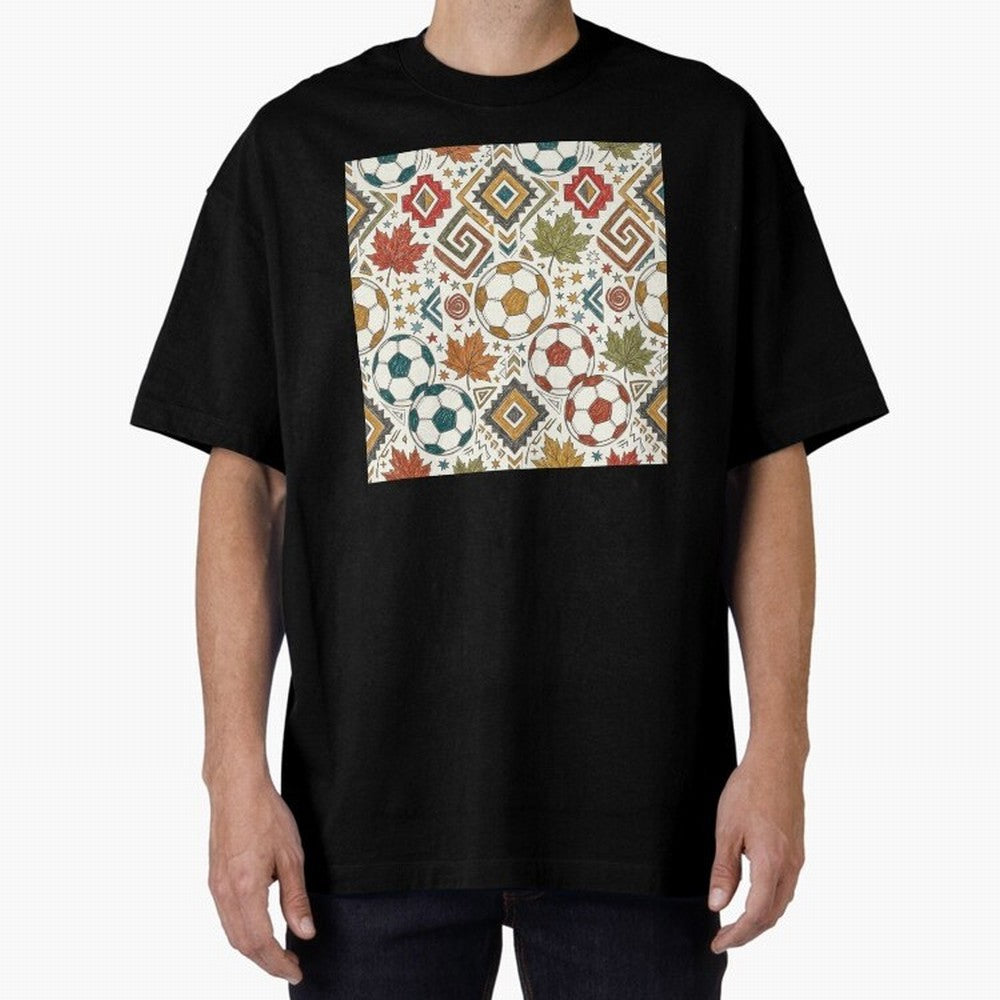 2026 World Cup Unity: Aztec & Maple Soccer Pattern Oversized T-Shirt Join the Global Buzz around Match Day Hype around FIFA World Cup 2026, Messi and Cristiano Ronaldo, England, France and Netherlands, Retro Football Energy, Iconic Rivalries,