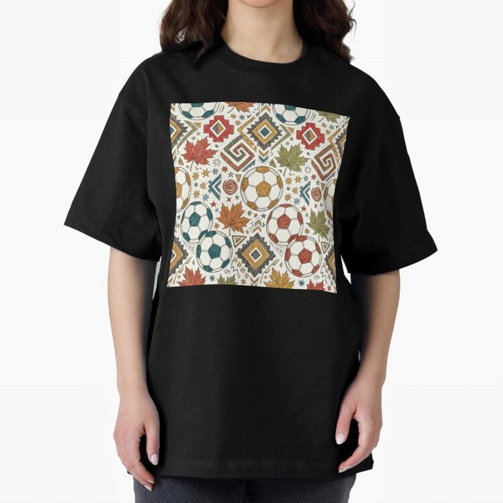 2026 World Cup Unity: Aztec & Maple Soccer Pattern Oversized T-Shirt Join the Global Buzz around Match Day Hype around FIFA World Cup 2026, Messi and Cristiano Ronaldo, England, France and Netherlands, Retro Football Energy, Iconic Rivalries,