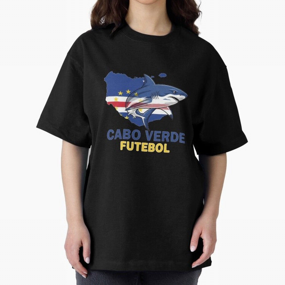 Cabo Verde Soccer Blue Shark Design Oversized T-Shirt Support the Legends of Global Football Passion for FIFA World Cup 2026, Inspired by CR7, Spain, Football Festival Excitement, Trophy Ambitions, Country Rivalries and Star Player Buzz; Built for